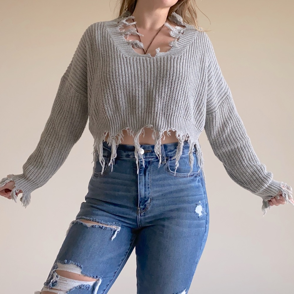 Distressed cropped grey sweater